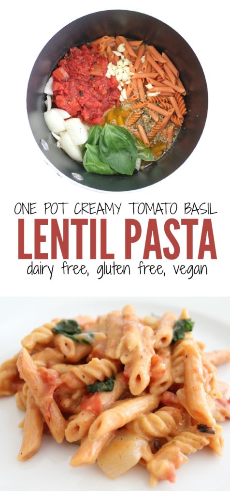 Gluten Free, Dairy Free and Vegan One Pot Creamy Tomato Basil Lentil Pasta